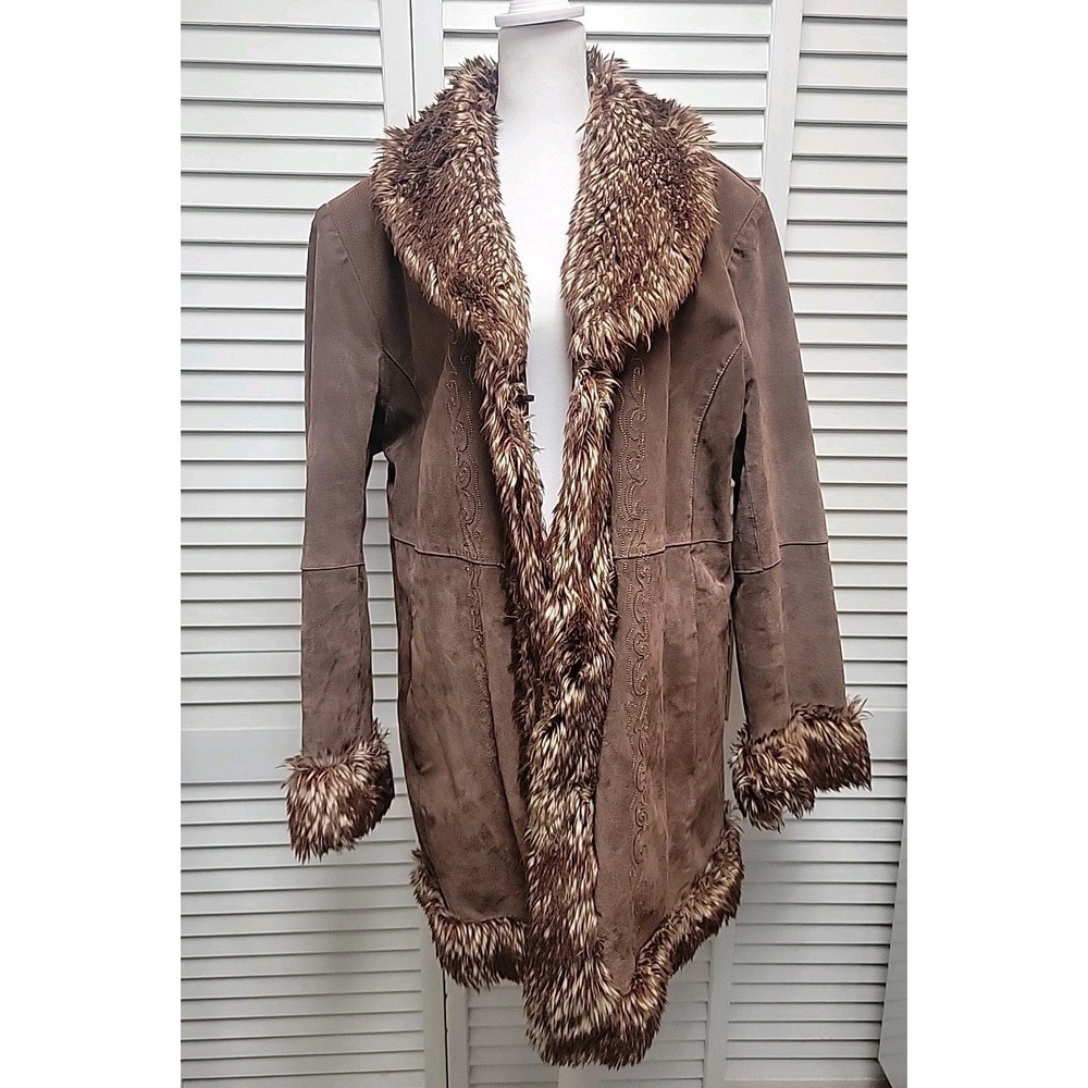 Vtg Canvas a Gallery Co Sz XL  Leather Penny Lane Brown Suede Coat Faux Fur Trim